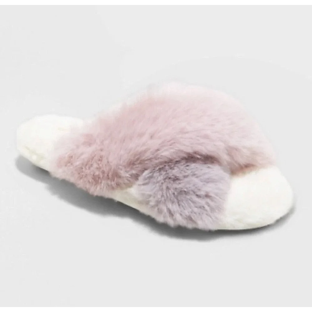 Cat & Jack Slide Slippers Girl Crossband Faux Fur Lavender Gray Size Large NWT‎